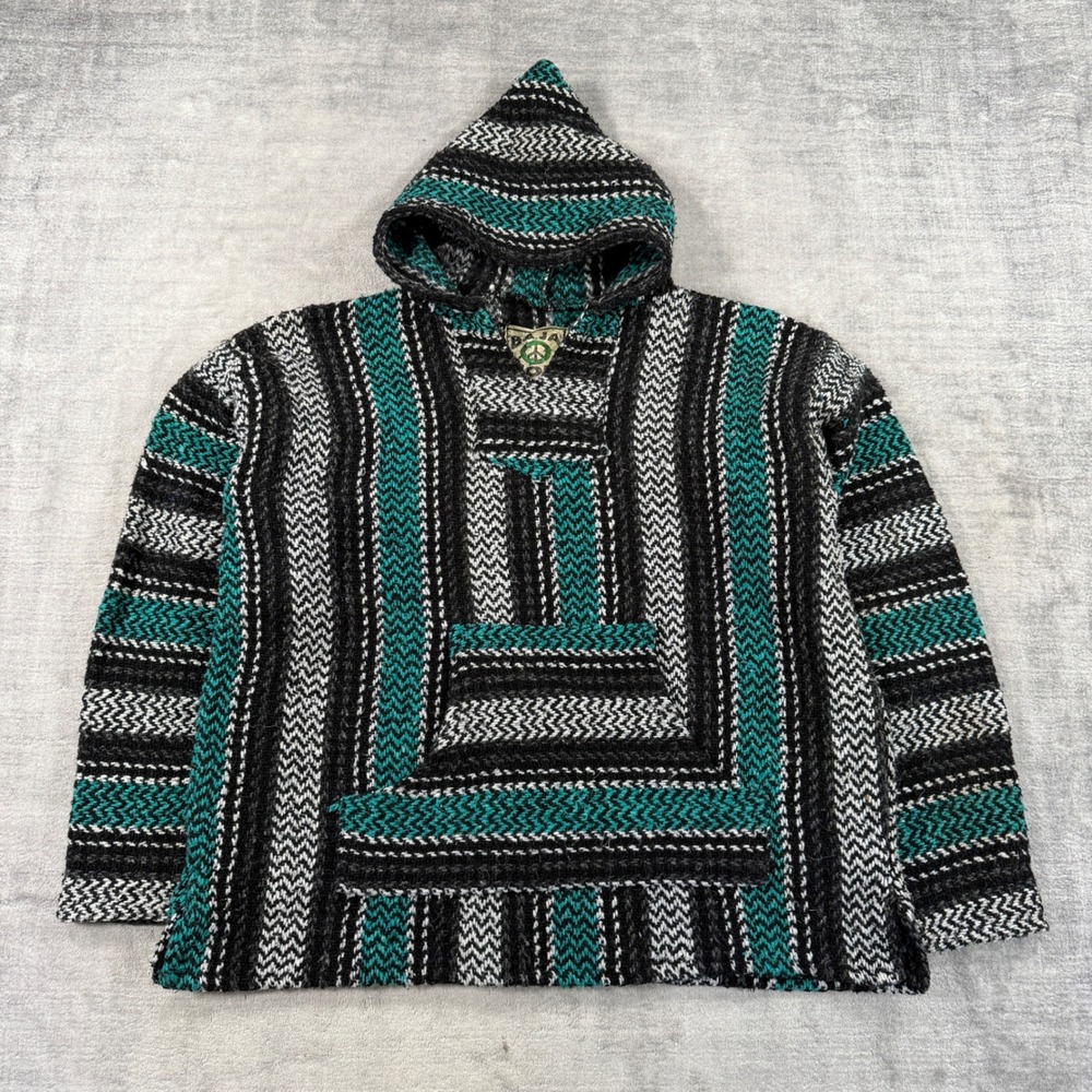 Baja Joe Sweater Women Small Black Striped Vtg Mexican Poncho Drug Rug Pullover